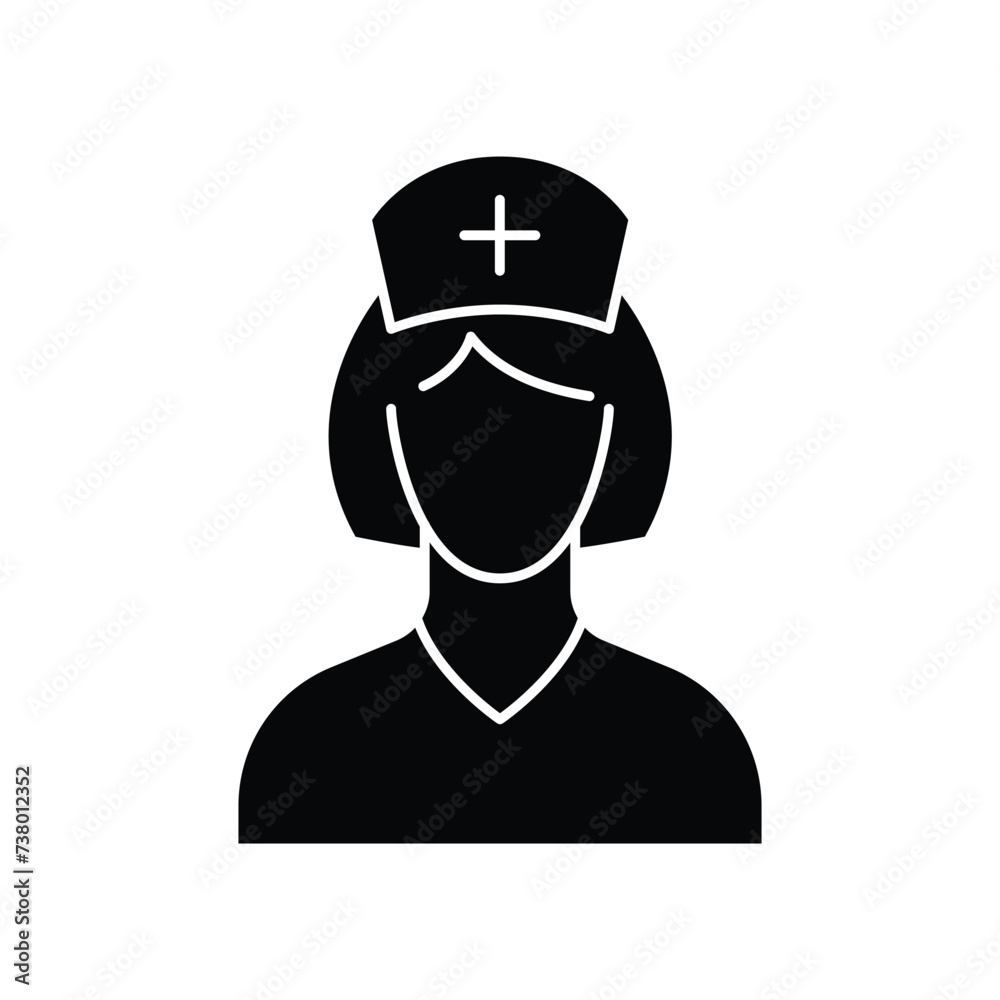 Nurse icon. Simple solid style. Medic, female, people, woman, girl, doctor, health, medical, hospital staff concept. Black silhouette, glyph symbol. Vector illustration isolated. Nurse icon. Simple solid style. Medic, female, people, woman, girl, doctor, health, medical, hospital staff concept. Black silhouette, glyph symbol. Vector illustration isolated.
