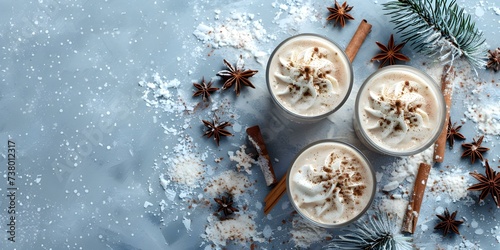 Warm and Cozy Winter Beverage: Creamy Spiced Cocoa with a Hint of Cinnamon amidst a Snowy Scene. Concept Winter Wonderland, Spiced Cocoa, Cozy Beverage, Snowy Scene