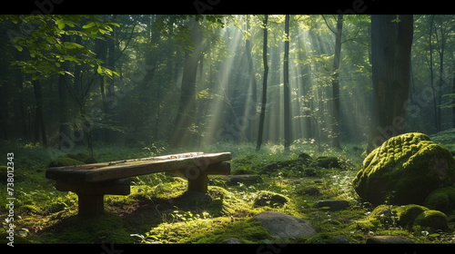 A peaceful forest glade with sunlight filtering through the canopy