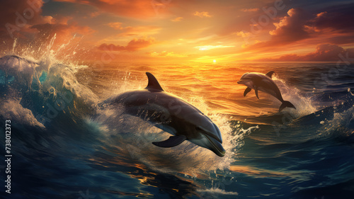 Dolphins jumping and playing in the ocean waves during the sunset.