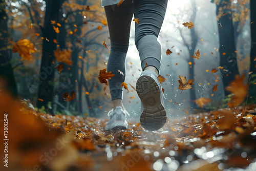 Rear view of the legs of a girl running on a ground full of fallen leaves