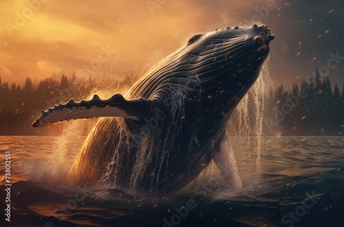 Humpback whale jump in a ocean, digital painting