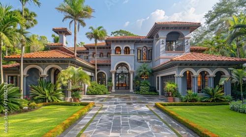 Typical front of an elegant house with gray walls, white details, a red roof, tropical plants, palm trees, short grass, sidewalks and driveways.