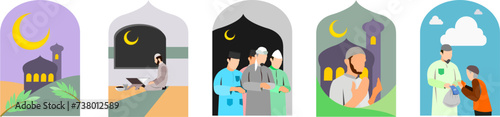 Set of Ramadan concept illustration. Happy Muslim people celebrate Holy Month Ramadan, Reading Qur'an, Taraweeh, Prayer, Give charity. vector illustration.