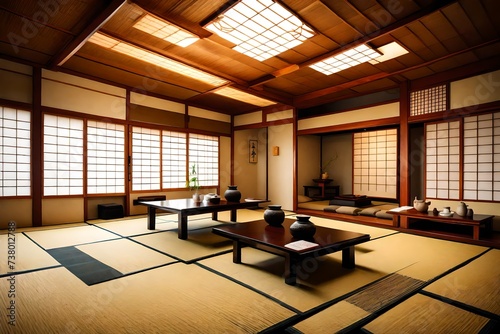 Japanese tea room with tatami mats  low tables  and the essence of Zen