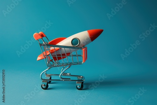 Rocket inside a shopping cart, startup concept, online sales and e-commerce, blue background.