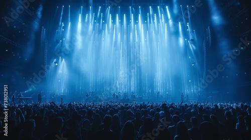 Stage lights in blue tones, people silhouette on a dance floor during a concert festival in a crowded concert hall