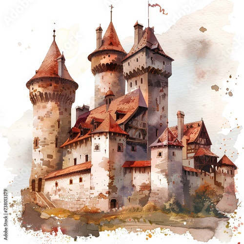 Medieval castle of Poland , watercolor illustration generated with AI . Architecture of Europe