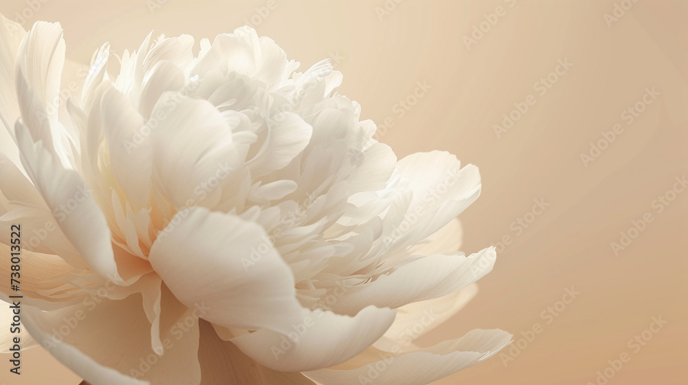 A pristine white peony flower delicately isolated against a soothing beige background