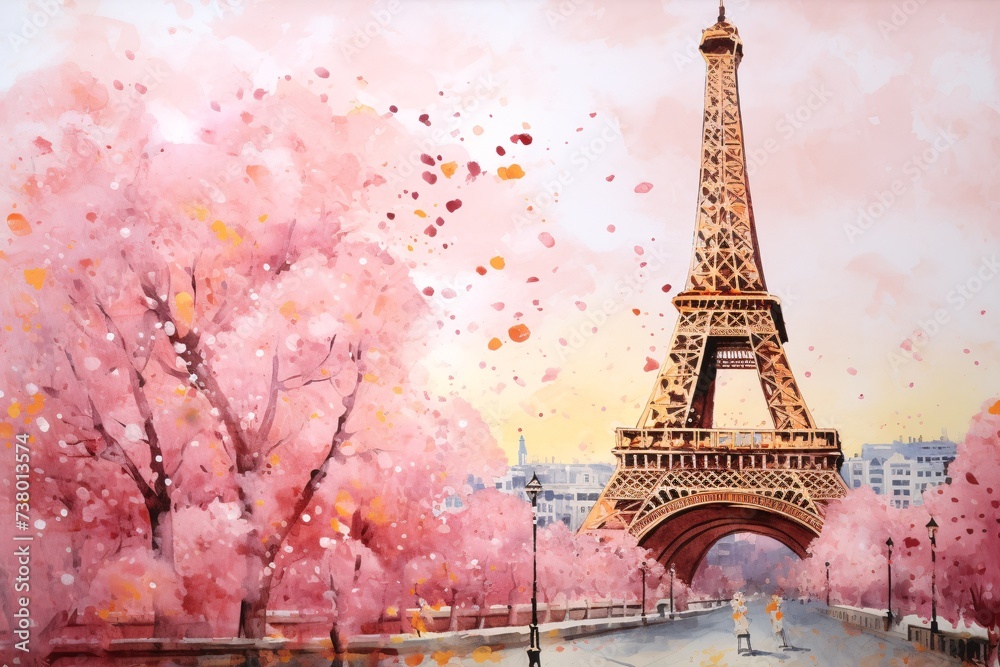 a watercolor of a tower with pink flowers