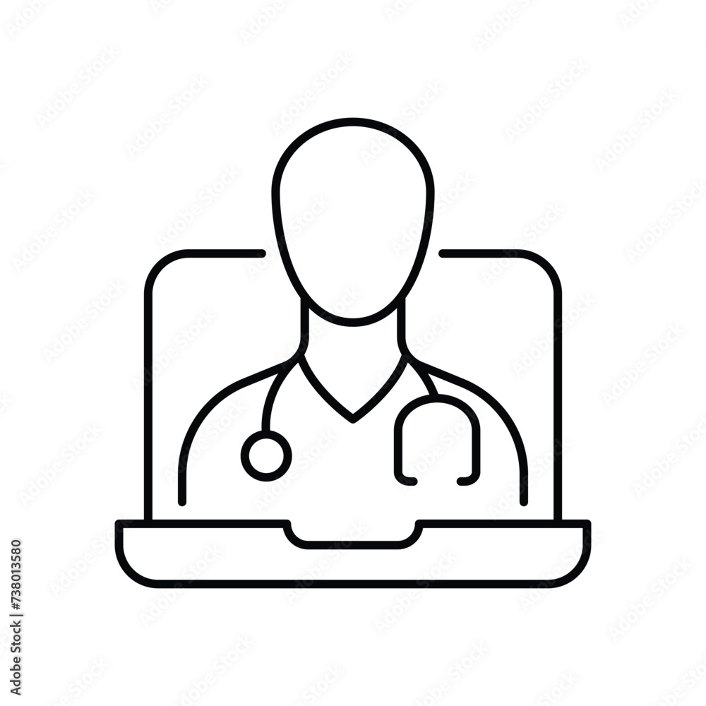 Telemedicine icon. Simple outline style. Telehealth virtual visit, video visit with male doctor on laptop computer, healthcare concept. Thin line symbol. Vector illustration isolated. Telemedicine icon. Simple outline style. Telehealth virtual visit, video visit with male doctor on laptop computer, healthcare concept. Thin line symbol. Vector illustration isolated.