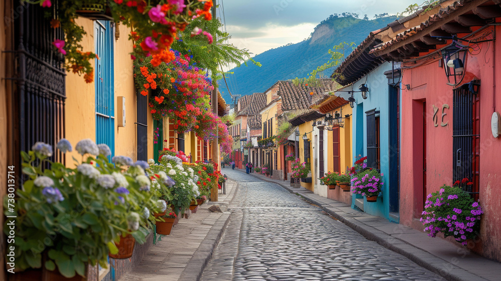 Obraz premium A quaint cobblestone street lined with colorful houses and blooming flower boxes