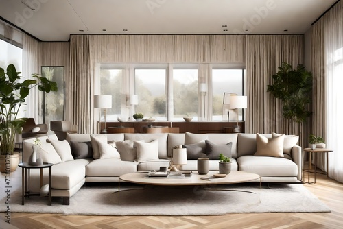 a contemporary living room with clean lines  neutral tones  and elegant furnishings.