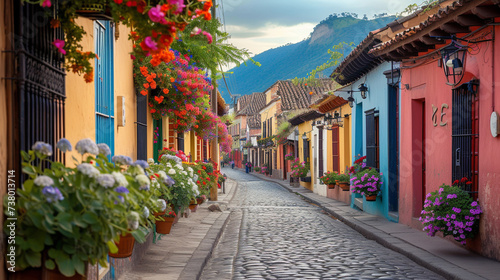 A quaint cobblestone street lined with colorful houses and blooming flower boxes