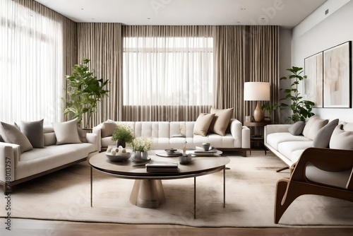 a contemporary living room with clean lines, neutral tones, and elegant furnishings.