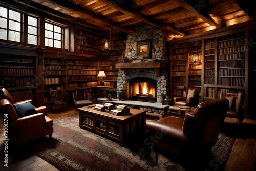 a mountain cabin den with cozy seating, a stone fireplace, and shelves of well-loved books.