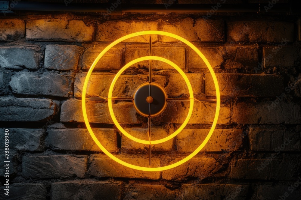 Yellow neon light target, business concept, brick wall background.
