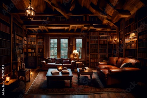 a mountain cabin den with cozy seating, a stone fireplace, and shelves of well-loved books.