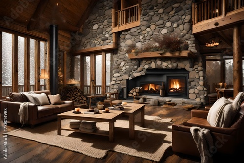 a winter cabin living room with a stone fireplace  cozy throws  and a warm ambiance.