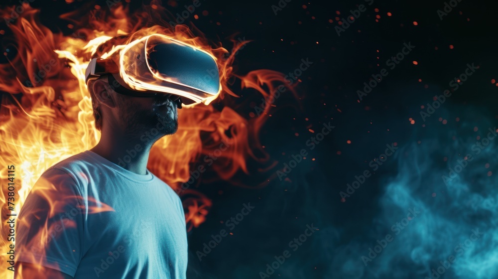 Man wearing a VR headset on a colorful futuristic smoke background Man wearing a VR headset on a colorful futuristic smoke background