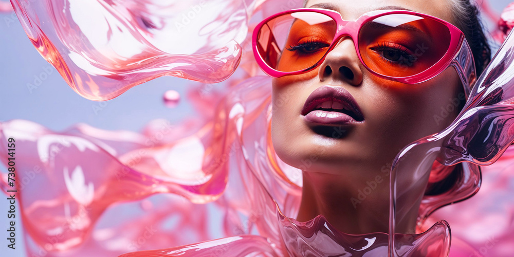 Stunning woman with pink sunglasses in liquid fluid plastic, copyspace, wide banner, Otherworldly Visions