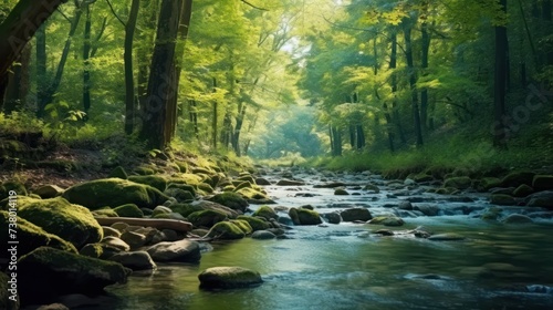 River stream in the mountains. Mountain river stream in woods, generate AI photo