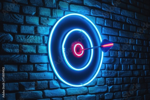 Blue neon light target, business concept, brick wall background.