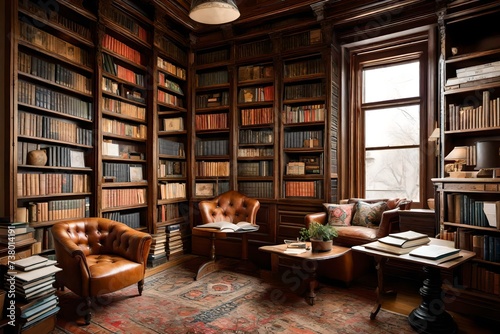 an eclectic, book-filled library with cozy reading nooks, vintage furniture, and intellectual charm.