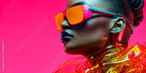 Stunning pop avant garde portrait of woman with orange and pink sunglasses and plastic glossy outfit on bright pink background, cyberpunk, sci fi, wide banner, copyspace, Otherworldly Visions