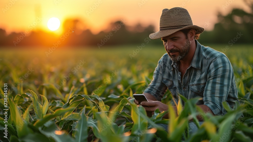 farmer using smartphone and laptop for contacts customers in corn field