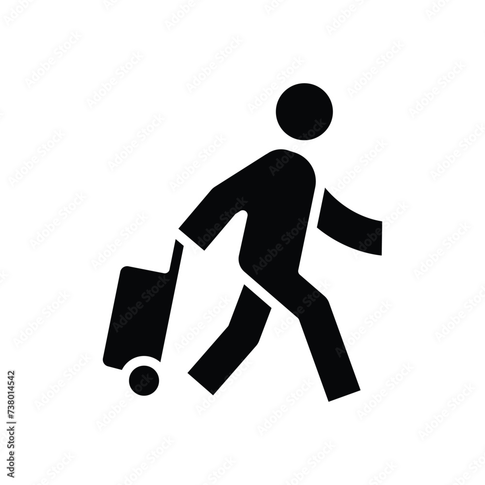 Traveler man icon. Simple solid style. Passenger pulling rolling bag, business trip, vacation, tourism concept. Black silhouette, glyph symbol. Vector illustration isolated. Traveler man icon. Simple solid style. Passenger pulling rolling bag, business trip, vacation, tourism concept. Black silhouette, glyph symbol. Vector illustration isolated.
