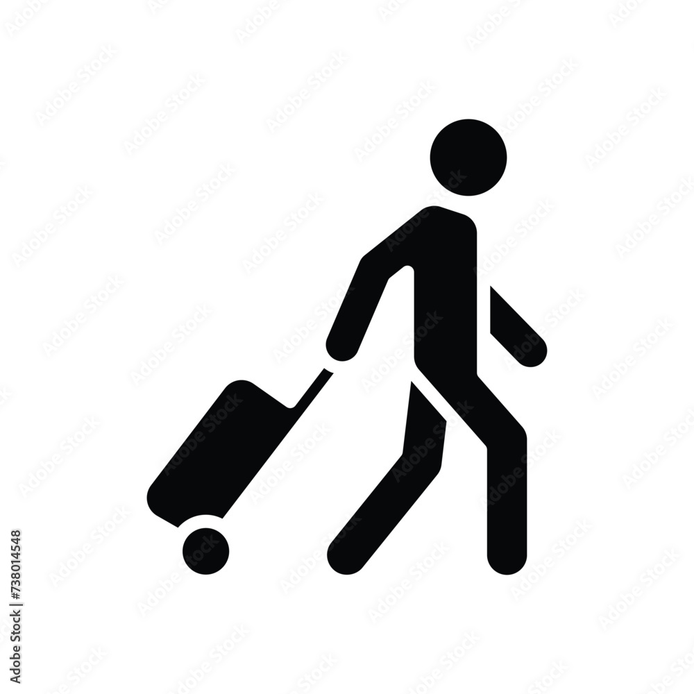 Traveler man icon. Simple solid style. Passenger pulling rolling bag, business trip, vacation, tourism concept. Black silhouette, glyph symbol. Vector illustration isolated. Traveler man icon. Simple solid style. Passenger pulling rolling bag, business trip, vacation, tourism concept. Black silhouette, glyph symbol. Vector illustration isolated.