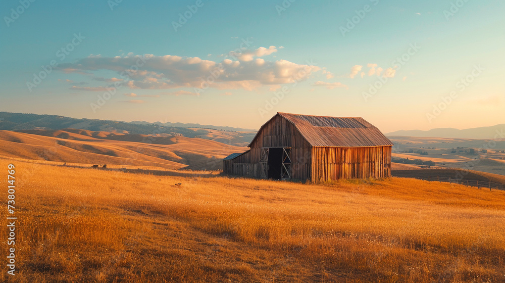A rustic wooden barn standing tall in a sprawling countryside landscape A rustic wooden barn standing tall in a sprawling countryside landscape