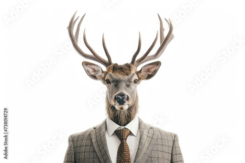 Portrait of deer in businessman s suit with tie. Animal as human isolated on white