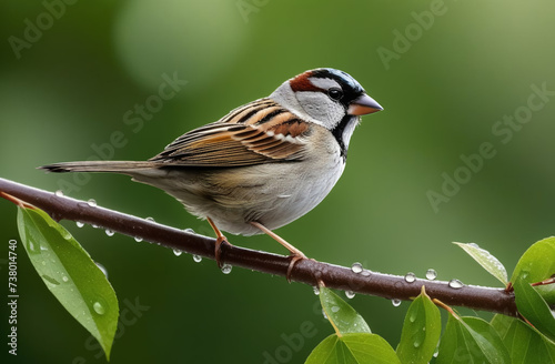 A small sparrow bird sits on a branch during the rain. urban bird sparrow in the habitat. ornithological diversity