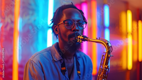 handsome jazz musician playing the saxophone in the studio on a neon background