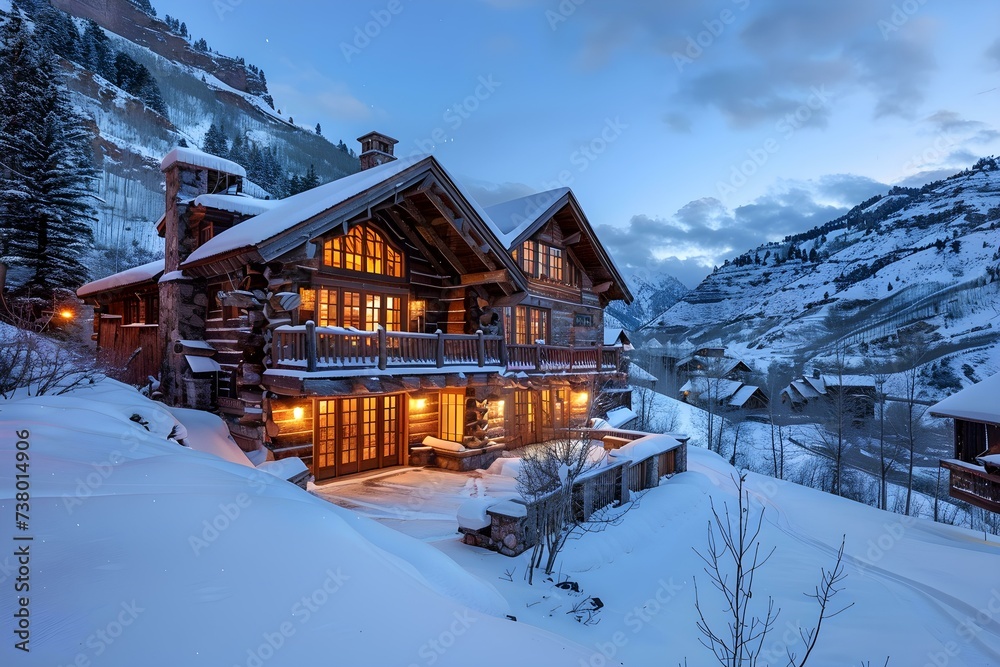 Naklejka premium Tranquil winter retreat set in snow-covered mountains providing serenity and rustic allure. Concept Winter Wonderland Getaway, Serene Mountain Retreat, Rustic Charm in Snow