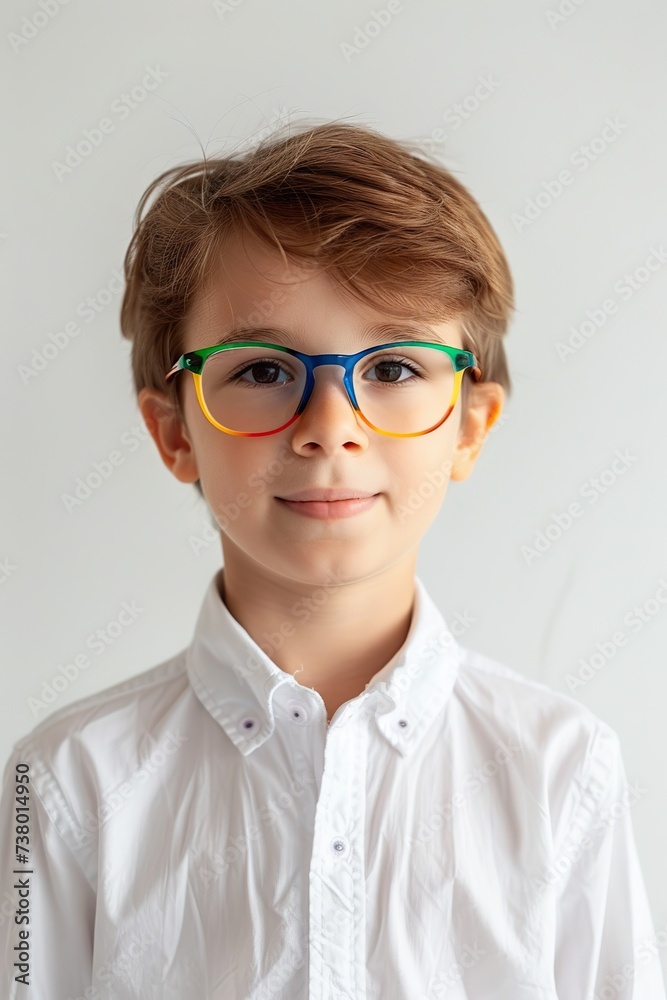 Kid portrait in colorful eyeglasses. Child eye check, inclusive medicine, optic store for kids concept