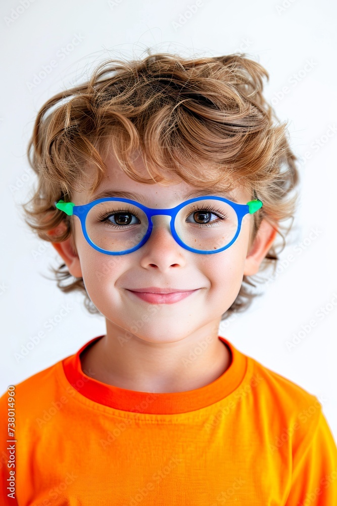 Kid portrait in colorful eyeglasses. Child eye check, inclusive medicine, optic store for kids concept