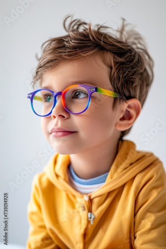 Kid portrait in colorful eyeglasses. Child eye check, inclusive medicine, optic store for kids concept