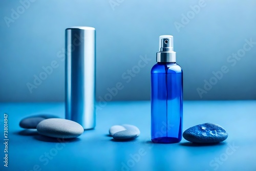 anodised blue deodorant srpay and pebbles , minimalist presentation photo