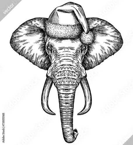 Vintage engraving isolated elephant set dressed christmas illustration ink santa costume sketch. African bishop background animal silhouette new year hat art. Black and white hand drawn vector image
