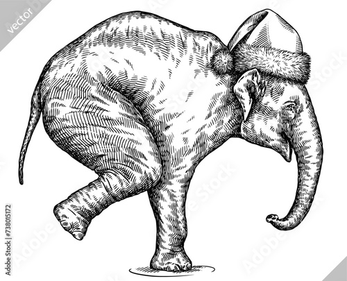 Vintage engraving isolated elephant set dressed christmas illustration ink santa costume sketch. African bishop background animal silhouette new year hat art. Black and white hand drawn vector image