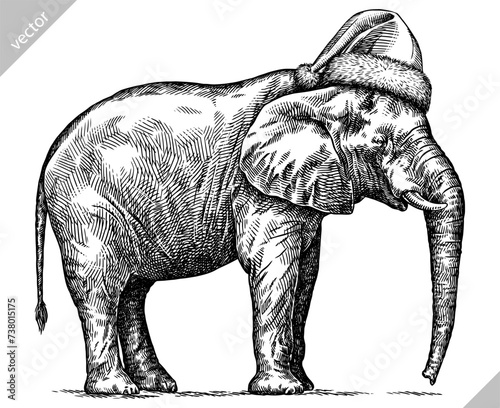 Vintage engraving isolated elephant set dressed christmas illustration ink santa costume sketch. African bishop background animal silhouette new year hat art. Black and white hand drawn vector image