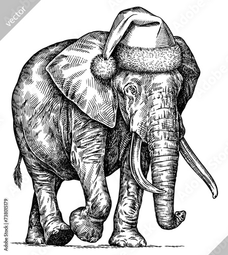 Vintage engraving isolated elephant set dressed christmas illustration ink santa costume sketch. African bishop background animal silhouette new year hat art. Black and white hand drawn vector image