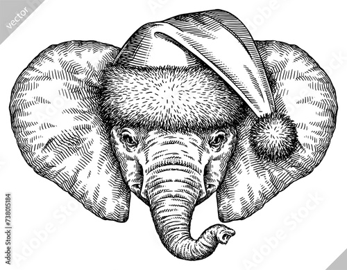 Vintage engraving isolated elephant set dressed christmas illustration ink santa costume sketch. African bishop background animal silhouette new year hat art. Black and white hand drawn vector image