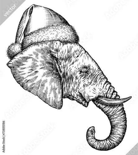 Vintage engraving isolated elephant set dressed christmas illustration ink santa costume sketch. African bishop background animal silhouette new year hat art. Black and white hand drawn vector image