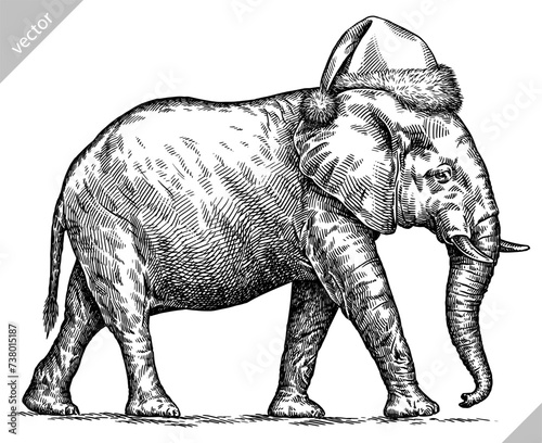 Vintage engraving isolated elephant set dressed christmas illustration ink santa costume sketch. African bishop background animal silhouette new year hat art. Black and white hand drawn vector image