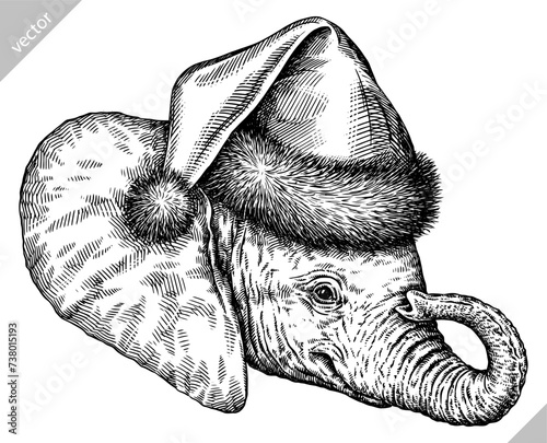 Vintage engraving isolated elephant set dressed christmas illustration ink santa costume sketch. African bishop background animal silhouette new year hat art. Black and white hand drawn vector image