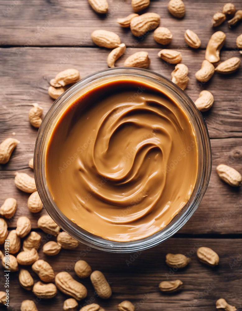 Make peanut butter with paste in glass bowl on wooden background top view copy space
Make peanut butter with paste in glass bowl on wooden background top view copy space